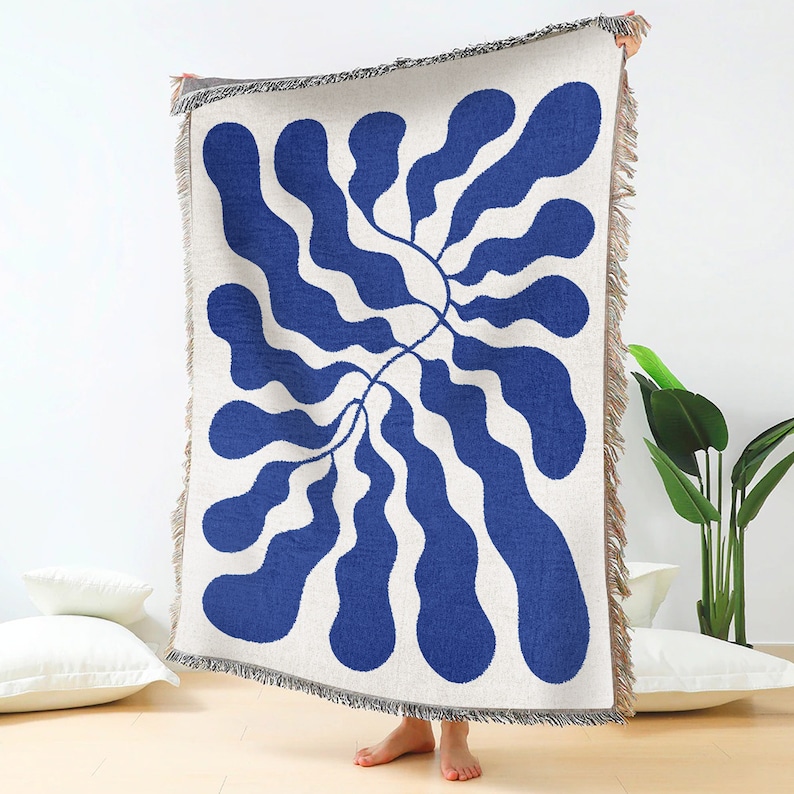 Blue Matisse Leaf Beach Throw Blanket Modern Minimalist Decor Funky Tapestry Woven Blanket Fringe Sofa Picnic Travel Blanket Throw image 2