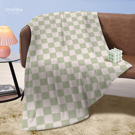 Sage Green Checker Throw Blanket 50x60 Fleece Sherpa Bed Blanket