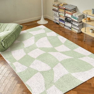 Sage Green Checkered Carpet | Funky Danish Pastel Decor Rug | Bedroom Living Room Rug Modern Y2K Rug | Plush Trendy Accent Rug | Earth Tone