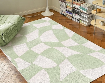 Sage Green Checkered Carpet | Funky Danish Pastel Decor Rug | Bedroom Living Room Rug Modern Y2K Rug | Plush Trendy Accent Rug | Earth Tone