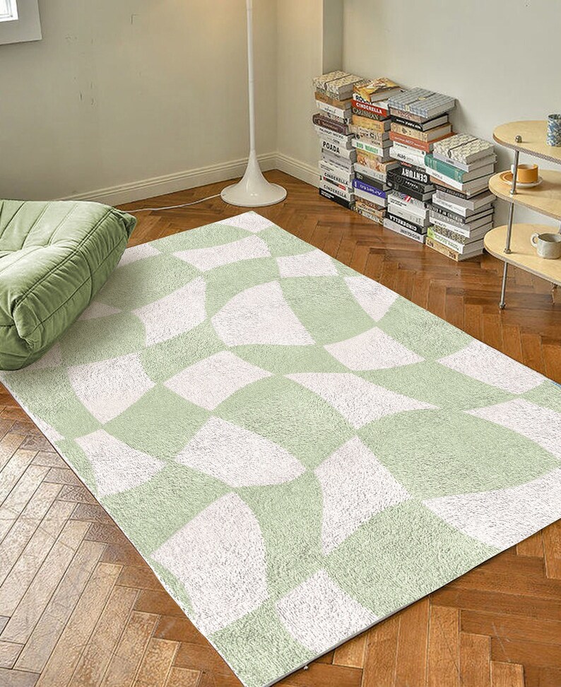 Sage Green Checkered Carpet Funky Danish Pastel Decor Rug Bedroom