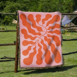 Orange Pink Matisse Leaf Beach Throw Blanket | Modern Minimalist Decor | Funky Tapestry Outdoor Blanket | Fringe Sofa Picnic Travel Throw