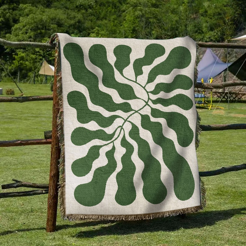 Green Matisse Leaf Beach Throw Blanket Earth Tone Funky Tapestry Woven