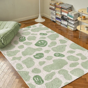 Sage Green Smiley Cow Print Carpet | Funky Danish Pastel Decor Rug | Cottage core Bedroom Living Room Rug Modern Minimalist Plush Accent Rug
