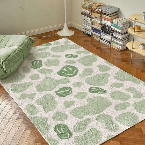 Sage Green Smiley Cow Print Carpet | Funky Danish Pastel Decor Rug | Cottage core Bedroom Living Room Rug Modern Minimalist Plush Accent Rug