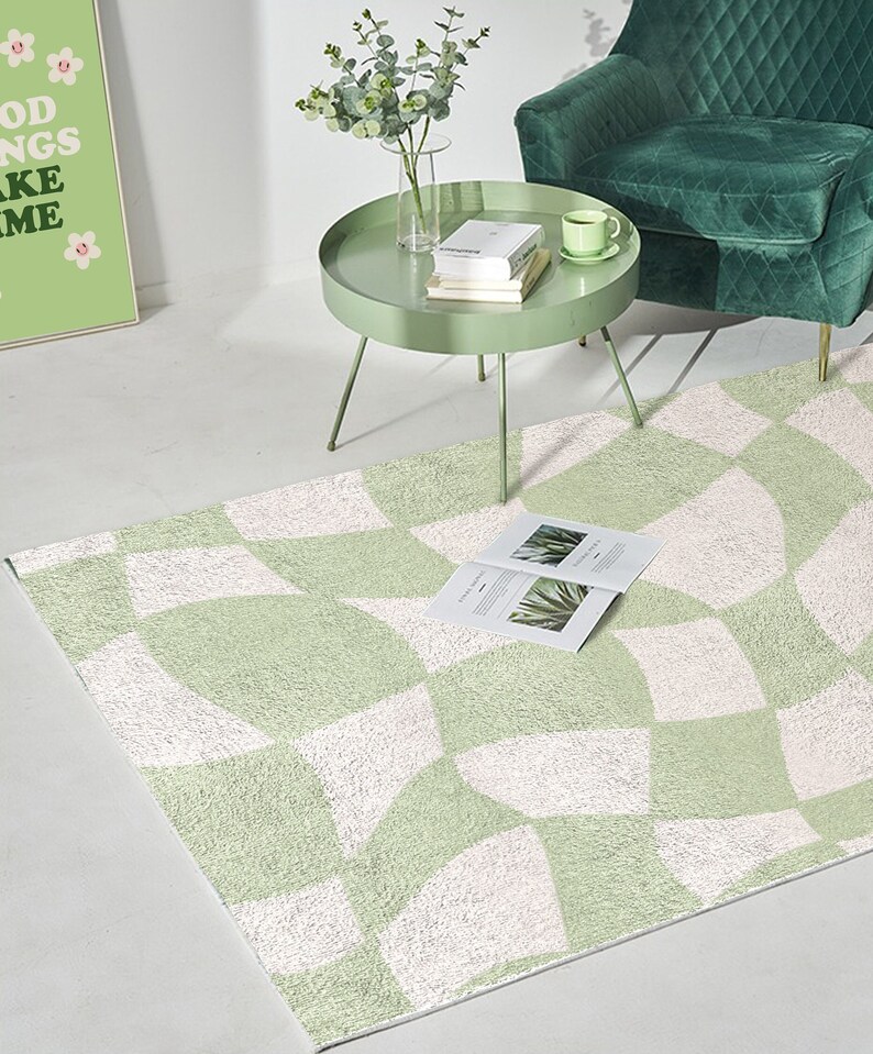 Sage Green Checkered Carpet Funky Danish Pastel Decor Rug Etsy