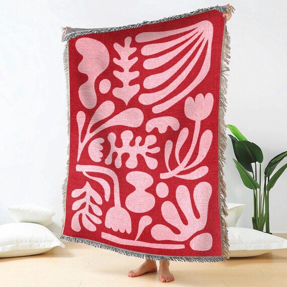 Pink Red Matisse Funky Throw Blanket Modern Abstract Minimalist Tapestry Woven Blanket Fringe Sofa Picnic Travel Blanket Throw Etsy