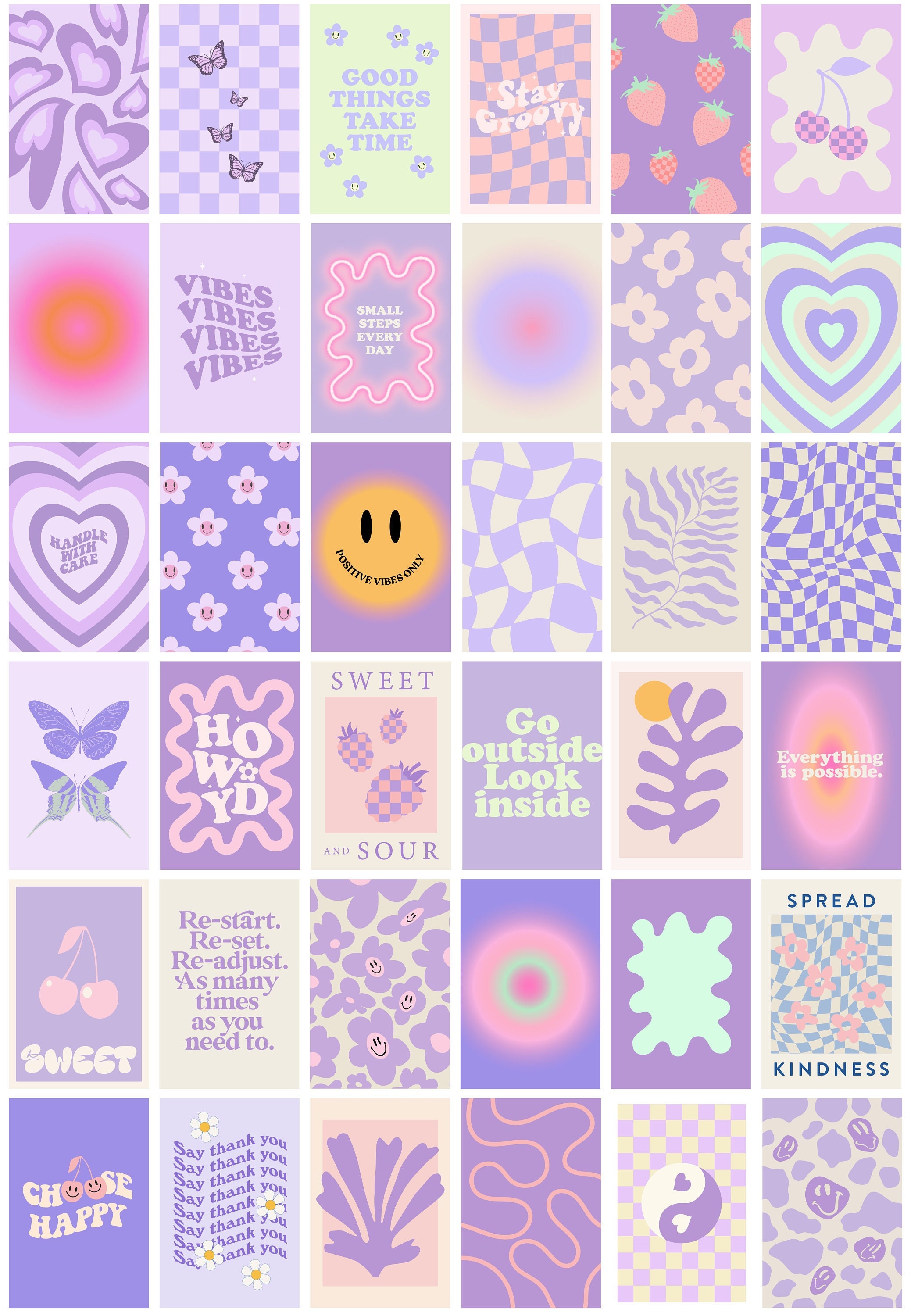 70 Purple Aesthetic Wall Collage 4x6 in Danish Pastel Room Decor Swirl  Flower Check Smiley Funky Aura Affirmation Positive Quotes 