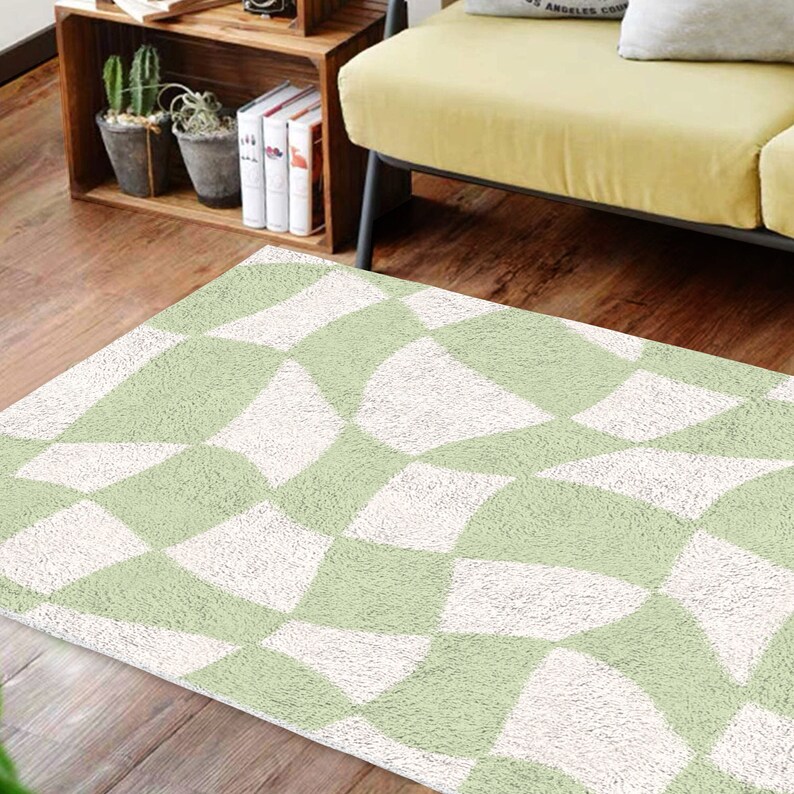 Sage Green Checkered Carpet Funky Danish Pastel Decor Rug Bedroom