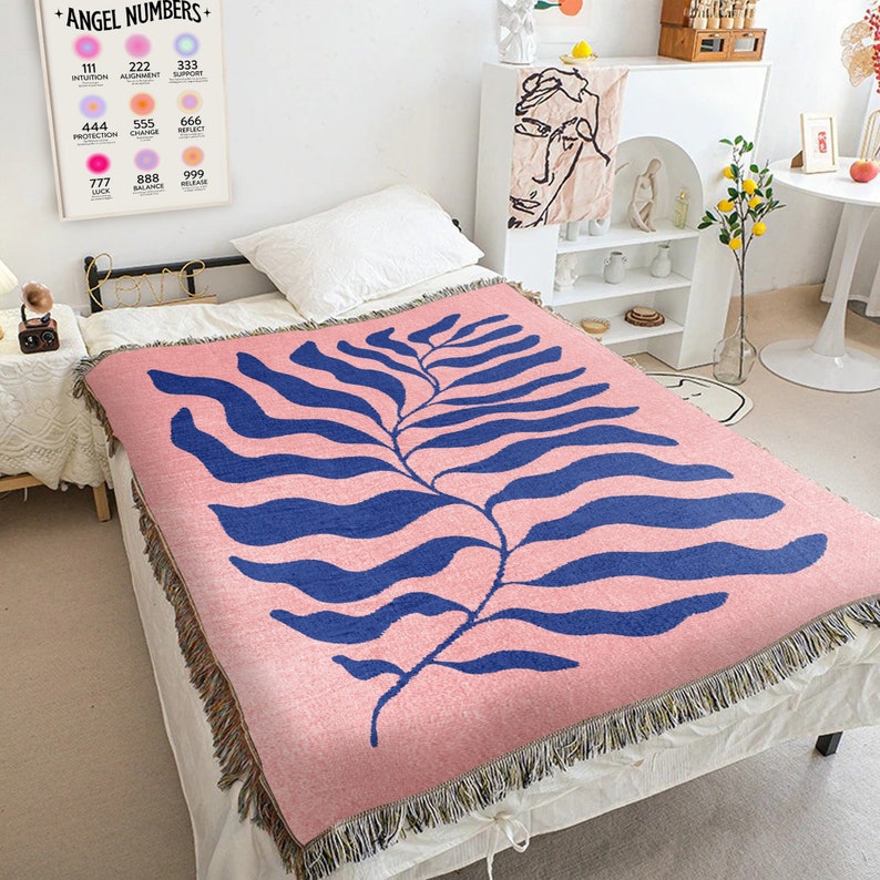Pink Blue Matisse Leaf Woven Blanket Funky Retro Tapestry Etsy