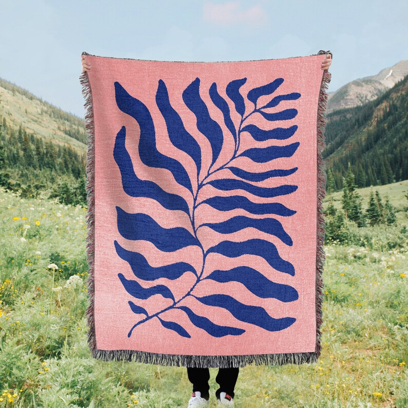 Pink Blue Matisse Leaf Woven Blanket Funky Retro Tapestry Etsy