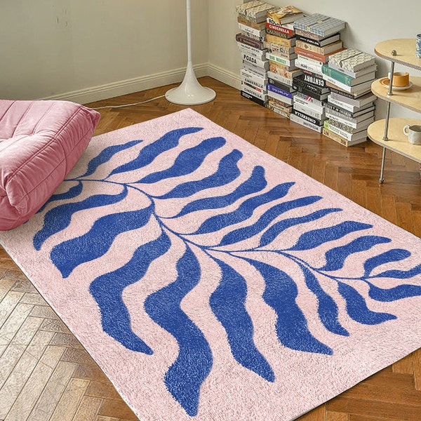 Blau Rosa Matisse Blätterteppich | Funky Retro Dänischer Pastell Dekor Teppich | Schlafzimmer Wohnzimmer Teppich Moderner Y2K Teppich | Plüsch Trendy Akzent Teppich