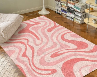 Rosa Groovy Wave Retro Teppich | Funky Dänischer Pastell Dekor Teppich | Schlafzimmer Wohnzimmer Teppich Moderner Y2K Teppich | Plüsch Trendy Akzent Teppich