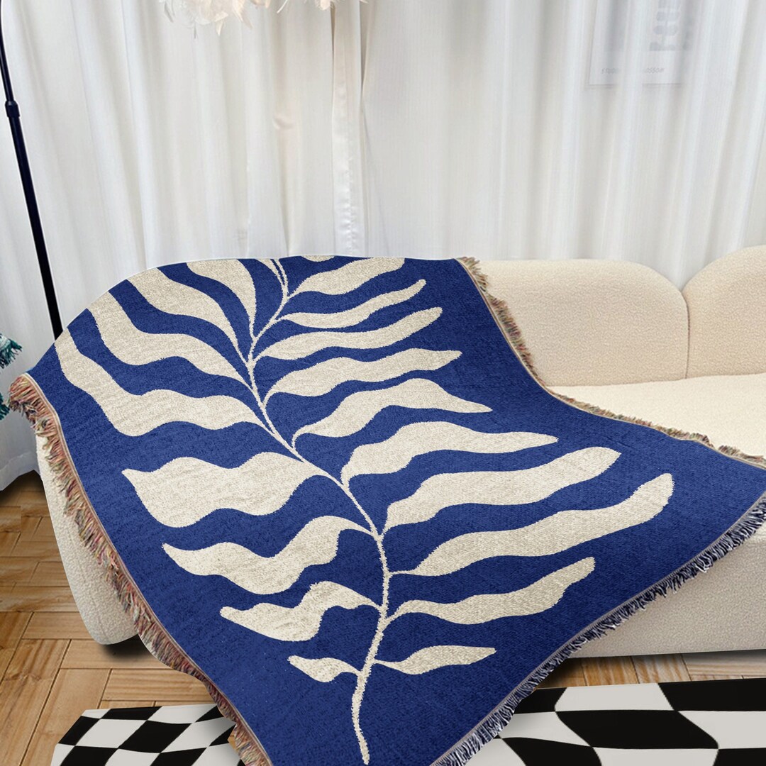 Blue Matisse Leaf Throw Picnic Blanket Earth Tone Modern Tapestry Woven
