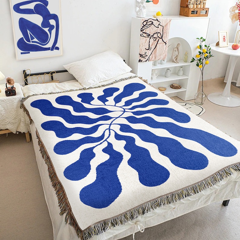 Blue Matisse Leaf Beach Throw Blanket Modern Minimalist Decor Funky Tapestry Woven Blanket Fringe Sofa Picnic Travel Blanket Throw image 3