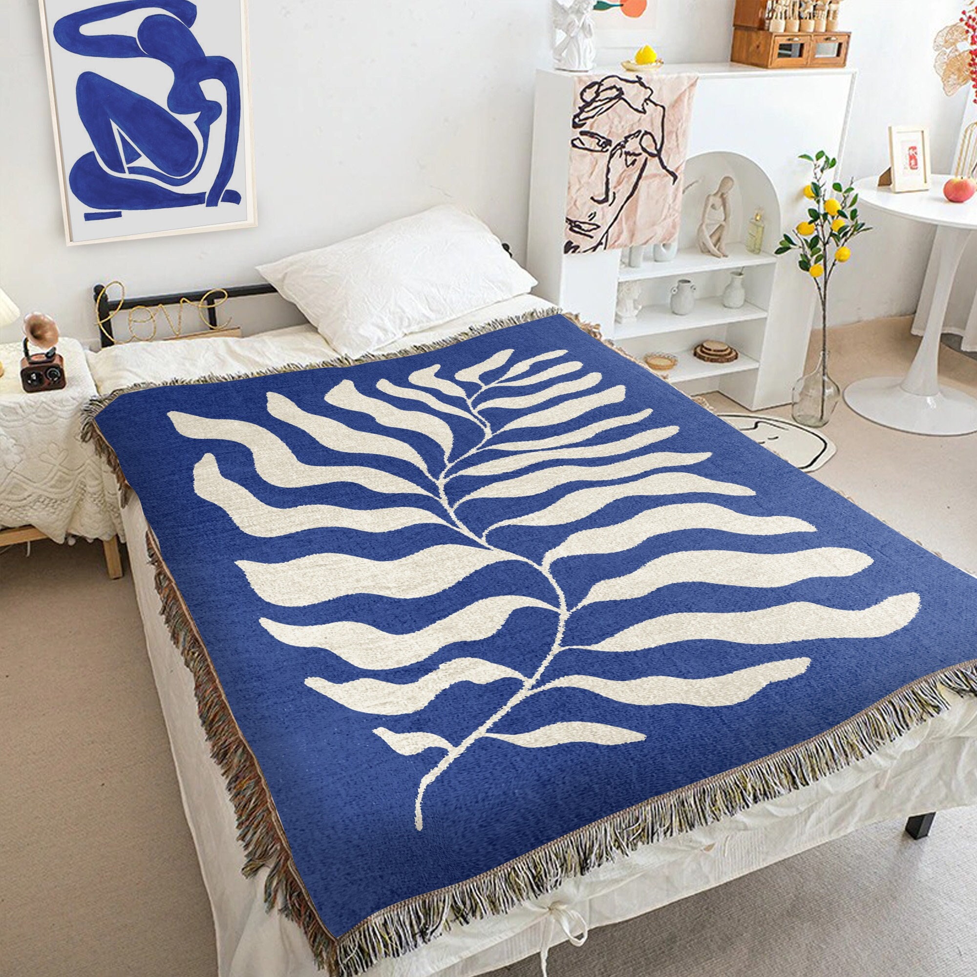 Blue Matisse Leaf Throw Blanket Earth Tone Funky Tapestry Woven Blanket Fringe Sofa Blankets Picnic Blanket Throw Etsy UK