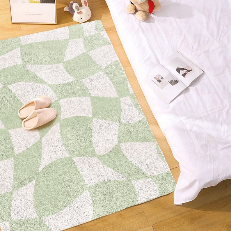 Sage Green Checkered Carpet Funky Danish Pastel Decor Rug Bedroom