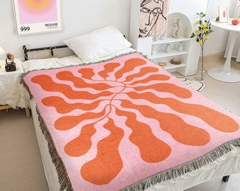 Jeté de plage à feuilles de Matisse, orange et rose | Décoration minimaliste moderne | Couverture d'extérieur Funky Tapestry | Jeté de voyage pour pique-nique avec franges