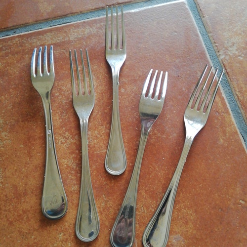 Vintage shops set of 5 forks ino riv 18/10 designed for airline Alitalia first class / Alitalia Airline / inox riv