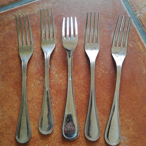 Vintage shops set of 5 forks ino riv 18/10 designed for airline Alitalia first class / Alitalia Airline / inox riv