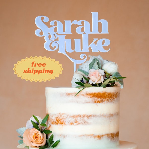 Personalized Retro Wedding Cake Topper | Custom Groovy Decorations | LGBT Mrs Mr | Couples Names | Mid Century Modern Decor | Acrylic, Wood