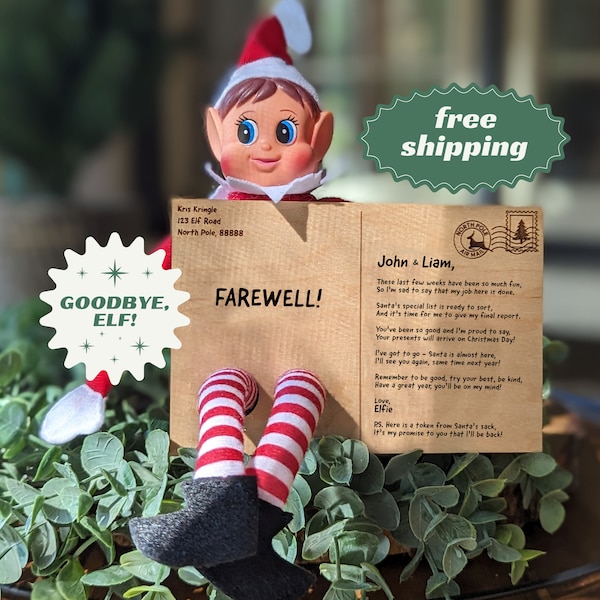 Farewell Elf Wood Postcard | Goodbye til Next Year Poem | Departure Christmas Letter | Present for Kids | Custom Wood Gift from Santa's Elf