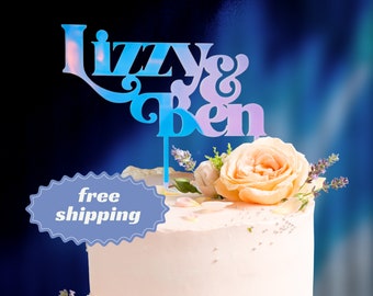 Personalized Retro Wedding Cake Topper | Iridescent | Custom Groovy Decorations | LGBT Mrs Mr | Couples Names | Mid Century Modern Decor