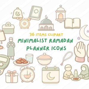 May include: A collection of 36 minimalist Ramadan planner icons in a soft color palette. The illustrations include a mosque, crescent moon, prayer beads, dates, and a calendar. Text reads "36 ITEMS CLIPART MINIMALIST RAMADAN PLANNER ICONS."