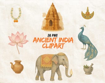 Antikes Indien Clip Art Bundle, Aquarell traditioneller Hindu-Tempel und königlicher Elefant PNGs für südasiatische Geschichts- und Kulturprojekte