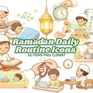 Puede incluir: Una colorida ilustración con varios iconos de la rutina diaria del Ramadán. La imagen incluye representaciones de oración, lectura, sueño, comida y planificación. El texto de la imagen dice "Ramadan Daily Routine Icons" y "36 ITEMS PNG CLIPART".