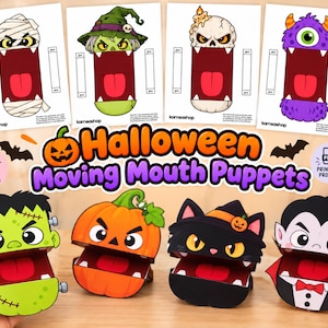 Peut inclure: Un ensemble de marionnettes à bouche mobile d'Halloween à imprimer représentant des personnages de dessins animés dont une momie, une sorcière, un crâne, un monstre, Frankenstein, une citrouille, un chat noir et un vampire.