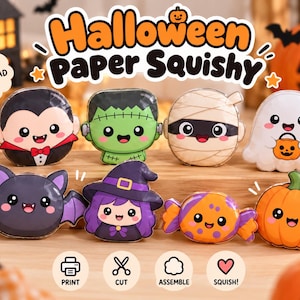 Può includere: Un set di otto squishy di carta a tema Halloween con personaggi dei cartoni animati tra cui un vampiro, Frankenstein, una mummia, un fantasma, un pipistrello, una strega, una caramella e una zucca. Il testo riporta Halloween Paper Squishy e icone.