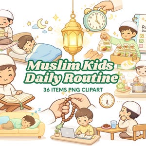 Imágenes prediseñadas de la rutina diaria de niños musulmanes / PNG de niños musulmanes kawaii / Iconos de planificador islámico para GoodNotes y registro de oraciones