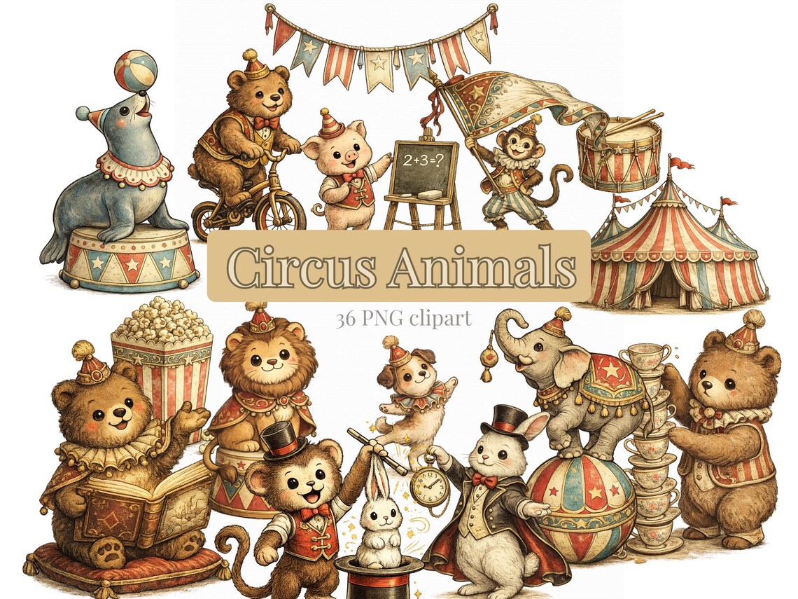 Vintage Circus Clipart Bundle, Storybook Nursery Animal Pngs for Baby ...