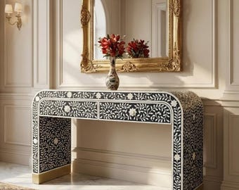 Consola artesanal con incrustaciones de hueso y resina / Mesa de entrada de lujo / Muebles artesanales