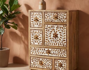 Mesita de noche de madera con incrustaciones hechas a mano / Mesita de noche de resina floral