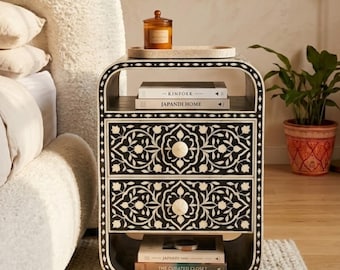 Black Bone Inlay Nightstand | Handcrafted Floral Resin Bedside Table