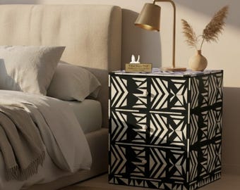 Handmade Bone Inlay Nightstand: Black and White Tribal Bedside Table