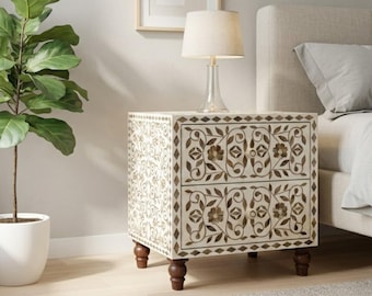 Mesita de noche artesanal de resina e incrustaciones de madera / Mesa auxiliar floral / Decoración de lujo para el hogar