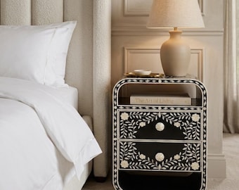 Handmade Bone Inlay Nightstand | Floral Resin Bedside Table, Artisan Furniture