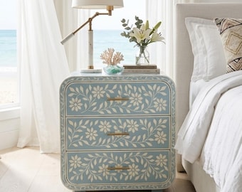 Luxury Bone Inlay Nightstand | Green Floral Bedside Table | Handcrafted Resin Inlay Furniture