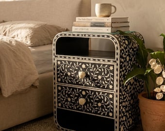 Handcrafted Bone Inlay Nightstand | Floral Resin Bedside Table, Elegant Bedroom Decor