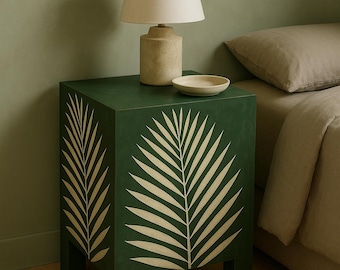 Handmade Green Bone Inlay Nightstand: Palm Leaf Resin Accent Table