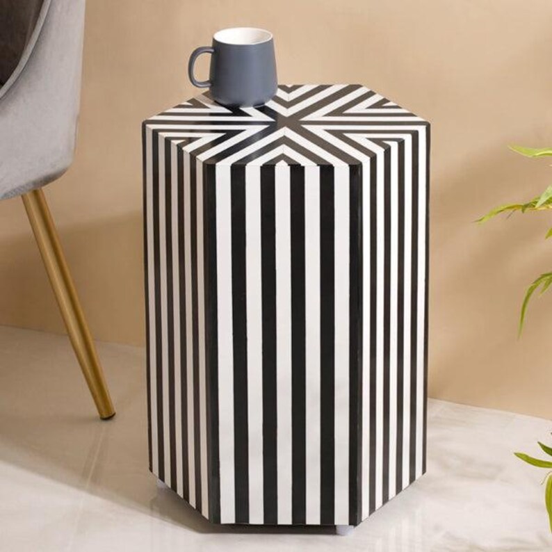 Handmade Resin Inlay End Table: Black and White Striped Accent Table - Etsy