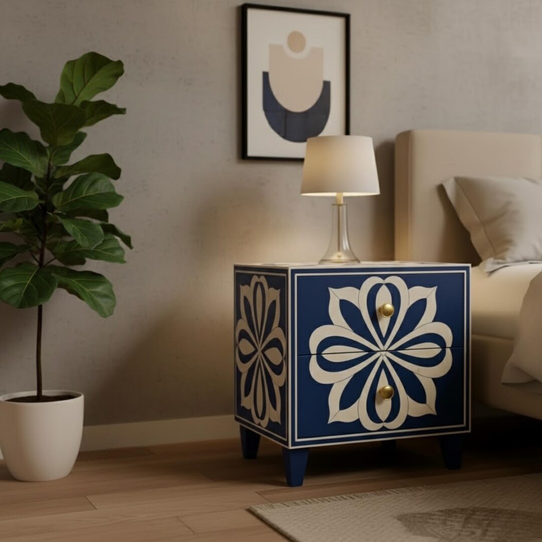 Blue Resin Inlay Nightstand | Handmade Floral Bedside Table - Etsy