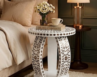 Luxury Resin & Wood Inlay End Table | Handcrafted Nightstand for Bedroom | Elegant Side Table Home Decor