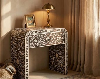 Handcrafted Bone Inlay & Resin End Table | Floral Bedside Nightstand | Luxury Decor