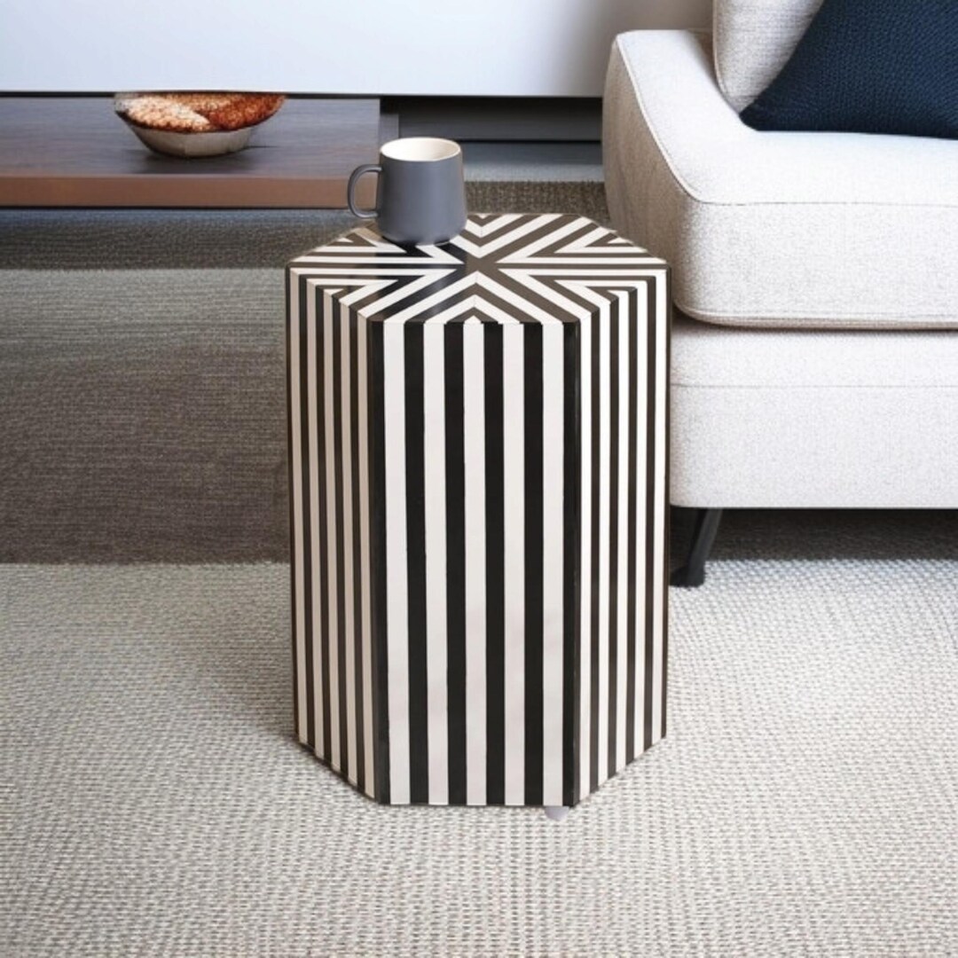 Handmade Resin Inlay End Table: Black and White Striped Accent Table - Etsy