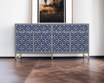 Handmade Bone Inlay Cabinet: Blue Floral Resin Sideboard