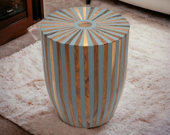 Handmade Moroccan Walnut Side Table: Barrel-Shaped Resin Inlay